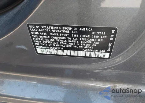 2012 Volkswagen Passat 3.6L V6 Se from USA, damaged, VIN 1VWBM7A31CC047228